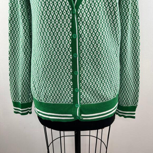 LE TIGRE Green White Diamond Print Cotton V-Neck Button Down Cardigan Sweater XL - Picture 5 of 11